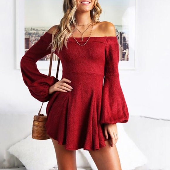 Dresses & Skirts - 🌺Free Life Red Off Shoulder Puff Sleeves Dress